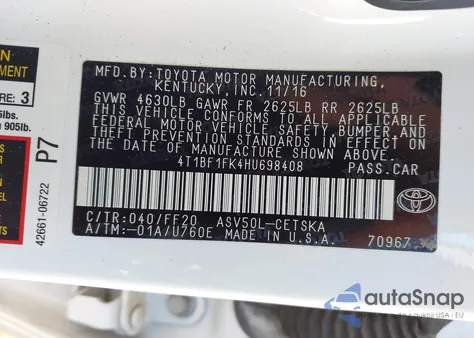 2017 Toyota Camry Se z USA, uszkodzony, nr VIN 4T1BF1FK4HU698408
